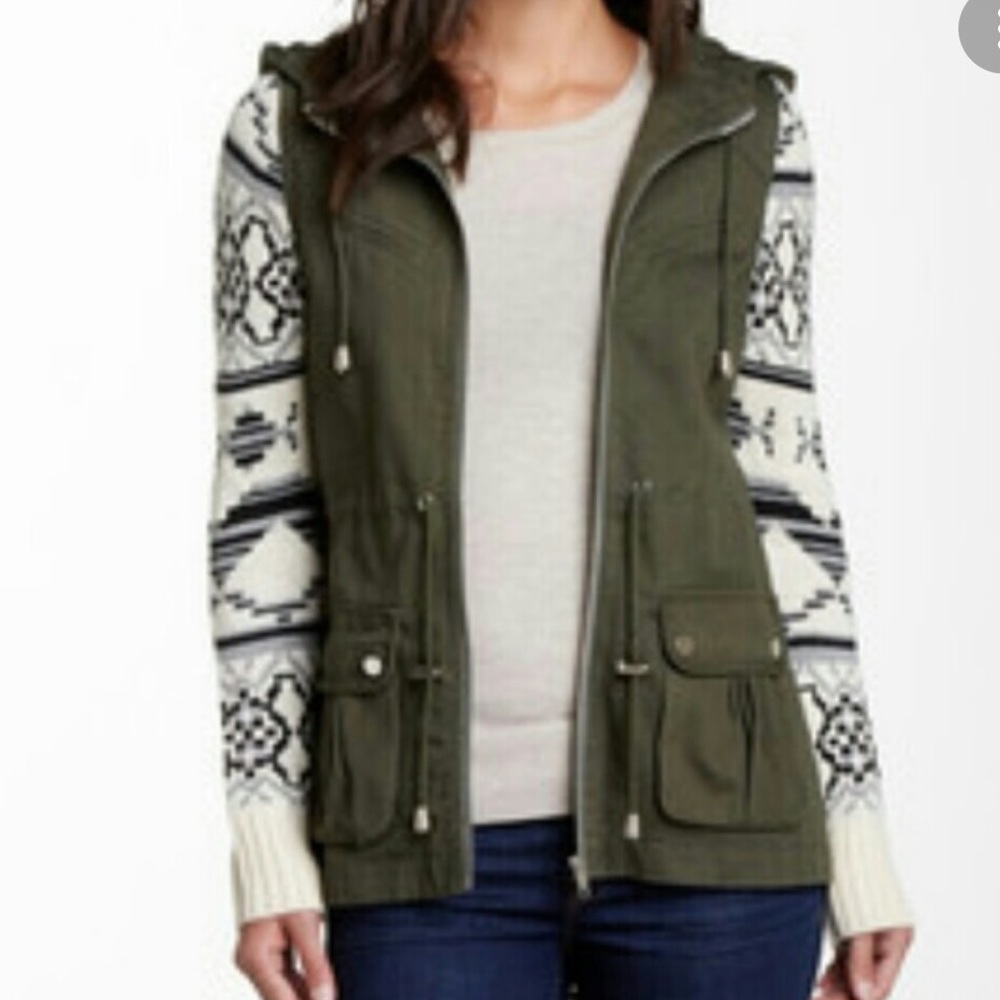 FATE from Nordstrom - Dark Green Utility Jacket w Knit arms and hoodie - Size S